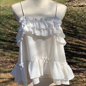 White tank blouse with braided straps and ruffles